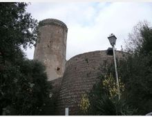 Torre cilindrica in pietra e tratto di mura fortificate in muratura, viste dal basso, circondate da vegetazione. In primo piano si nota un lampione stradale vicino alle mura sotto un cielo nuvoloso.