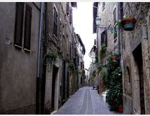 Vicolo stretto lastricato in un borgo storico, fiancheggiato da edifici in pietra con persiane e portali. Sulle facciate si vedono lampioni in ferro e numerosi vasi e fioriere con piante appese o sui davanzali.