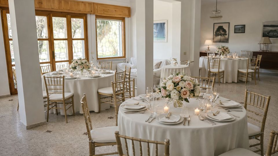 Sala ricevimenti luminosa con grandi finestre a telaio in legno e colonne bianche, allestita con tavoli rotondi coperti da tovaglie bianche. Sedie dorate, centrotavola floreali e candele completano l’apparecchiatura, con quadri e lampade sulle pareti sullo sfondo.