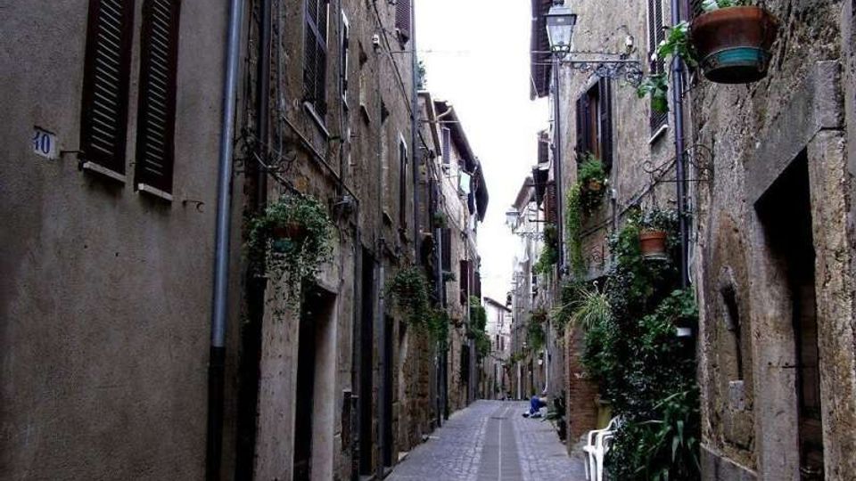 Vicolo stretto lastricato in un borgo storico, fiancheggiato da edifici in pietra con persiane e portali. Sulle facciate si vedono lampioni in ferro e numerosi vasi e fioriere con piante appese o sui davanzali.