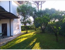 Giardino con prato curato accanto a una casa intonacata di bianco, con portico in legno e camminamento in pietra lungo il muro. Alberi e arbusti mediterranei proiettano ombre lunghe sul prato, con siepe sullo sfondo.