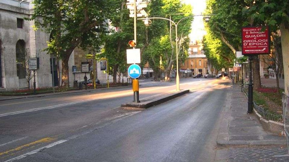 Strada urbana ampia fiancheggiata da grandi alberi, con spartitraffico centrale e segnaletica stradale vicino a un semaforo. Ai lati si vedono marciapiedi e facciate di edifici, con un cartello pubblicitario su un palo sul lato destro.