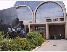 Facciata di un edificio moderno con grandi vetrate e due ampie arcate superiori; l’ingresso è sotto un portico con pilastri. In primo piano ci sono aiuole con arbusti e fiori e, sulla sinistra, una struttura angolare rivestita di pannelli scuri con graffiti.