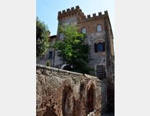 Edificio storico in pietra e mattoni con torre merlata e finestre ad arco, parzialmente coperto da alberi. In primo piano si vede un alto muro in pietra con piccole aperture ad arco e un cancello, sotto un cielo sereno.