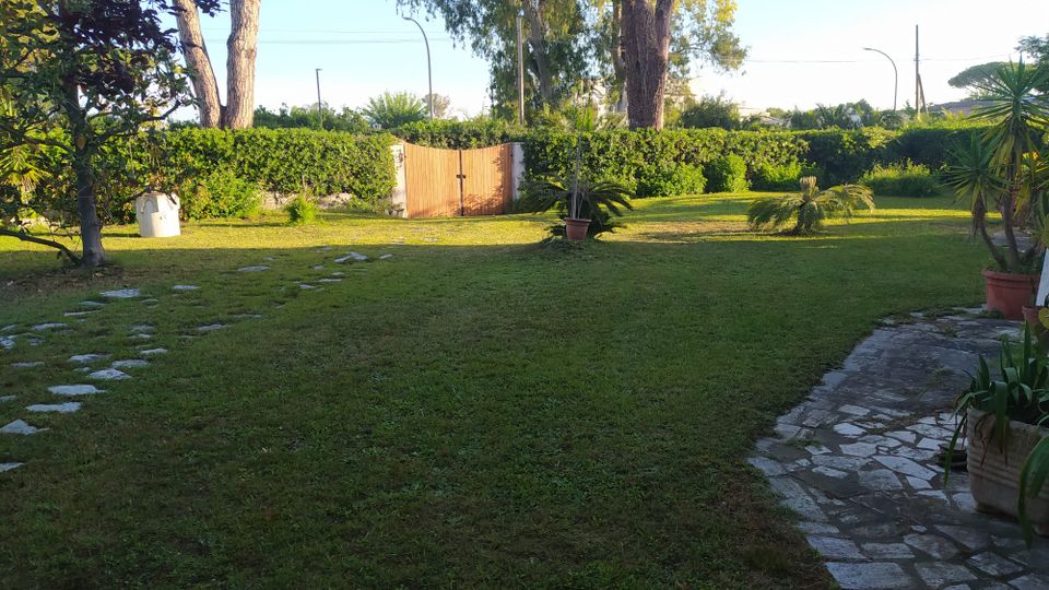 Giardino privato con ampio prato e siepe perimetrale, con alberi alti e piante in vaso. In primo piano si vedono un vialetto in pietra e un percorso di pietre nel prato, con un cancello in legno sullo sfondo.