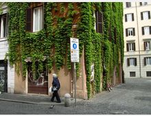 Angolo di strada con edificio in muratura coperto da edera rampicante, con finestre a persiane e un portone al piano terra. In primo piano si vede un cartello di “area pedonale”, pavimentazione in sampietrini e biciclette appoggiate al muro sul lato della via.