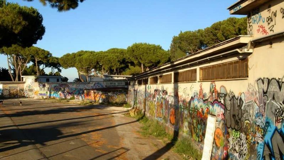 Cortile esterno con pavimentazione in cemento, affiancato da lunghi edifici bassi con finestre alte e pareti ricoperte di graffiti. Sullo sfondo si vedono grandi pini e un cielo sereno sopra un’area dall’aspetto industriale dismesso.