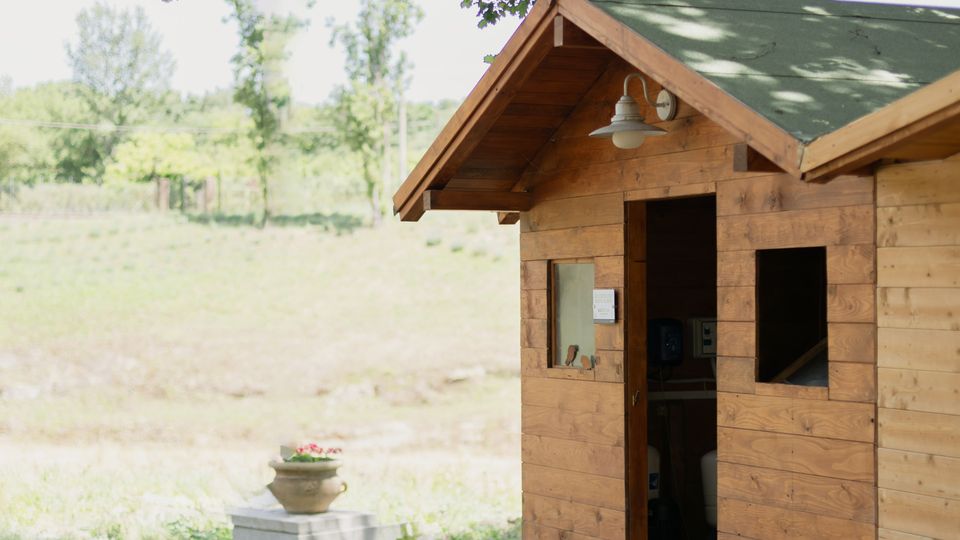 Piccola casetta in legno con tetto a due falde verde, porta aperta e finestra laterale, situata ai margini di un prato in campagna. Rami di un albero incorniciano la parte superiore e ai piedi della parete ci sono aiuole con fiori rosa e un vaso su un basamento in pietra.