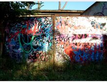 Porta metallica a due ante di un capanno o garage, interamente coperta da graffiti e scritte colorate. Davanti cresce erba alta e sullo sfondo si vedono alberi e cielo.