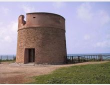 Torre costiera in mattoni di forma cilindrica con piccolo ingresso alla base e parapetto superiore, situata su un’area erbosa vicino al mare. Sullo sfondo si vede l’orizzonte marino e una recinzione in legno lungo il bordo del promontorio.