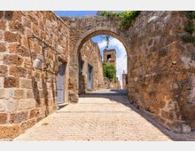 Vicolo acciottolato tra alte mura in pietra con porte grigie, attraversato da un grande arco in muratura. In fondo si vede una torre in pietra e vegetazione che cresce sulle pareti, sotto un cielo sereno.