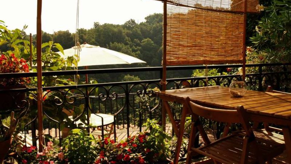 Terrazza con tavolo e sedie in legno, ringhiera in ferro battuto e tende avvolgibili in bambù. Vasi di fiori e piante lungo il parapetto, con vista su un’area verde alberata e un ombrellone da esterno sullo sfondo.