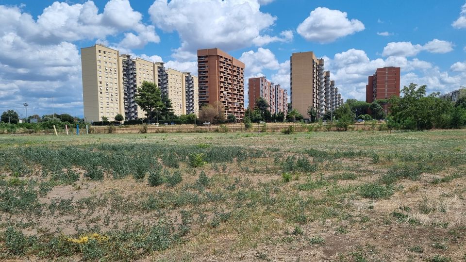 Ampio terreno incolto con erba rada e chiazze di terra in primo piano, con alberi e vegetazione bassa lungo il margine. Sullo sfondo si vedono alti palazzi residenziali a più piani con facciate beige e rosse, sotto un cielo azzurro con nuvole sparse.