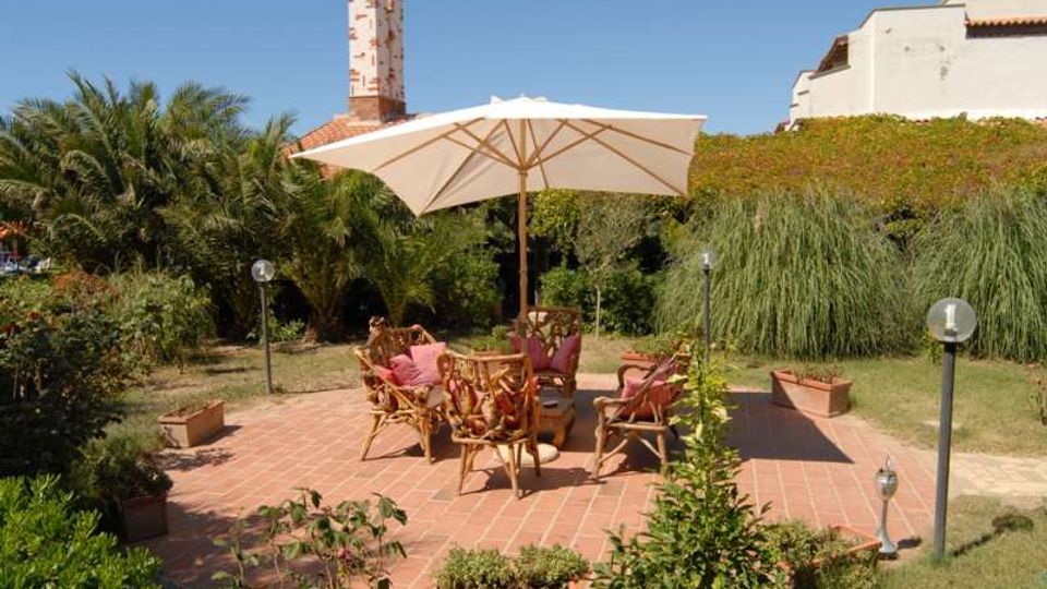 Patio esterno pavimentato in mattoni con tavolo e sedie in legno sotto un grande ombrellone bianco, circondato da vasi e lampioni da giardino. Sullo sfondo si vedono prato e vegetazione fitta con palme e un edificio chiaro con camino.