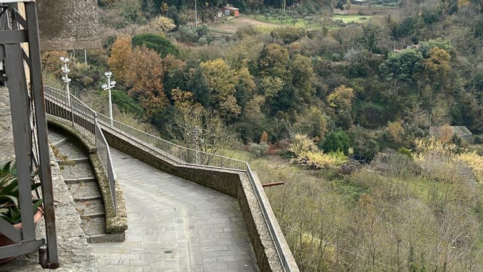 Veduta da un borgo collinare con una strada pedonale in pietra in discesa, affiancata da muri e ringhiere, che costeggia edifici in muratura. Sullo sfondo si apre una valle boscosa con campi e colline lontane sotto un cielo nuvoloso.