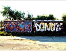 Muro lungo e basso in un’area esterna con vegetazione sullo sfondo, completamente ricoperto da graffiti colorati e grandi scritte in stile street art. Davanti si vede una striscia di asfalto e marciapiede, in un contesto urbano periferico.