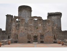 Rovine di un castello in pietra e mattoni con muri parzialmente crollati, archi e aperture murate, dominato da una grande torre cilindrica e da una torre quadrata sullo sfondo. In primo piano si vede un cortile pavimentato con vasi e una scalinata centrale che conduce all’interno.