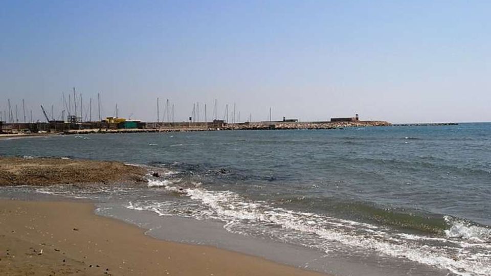 Spiaggia sabbiosa con piccole onde in primo piano, affacciata su un molo frangiflutti e un porto con numerosi alberi di barche a vela sullo sfondo. Cielo sereno e mare aperto a destra.
