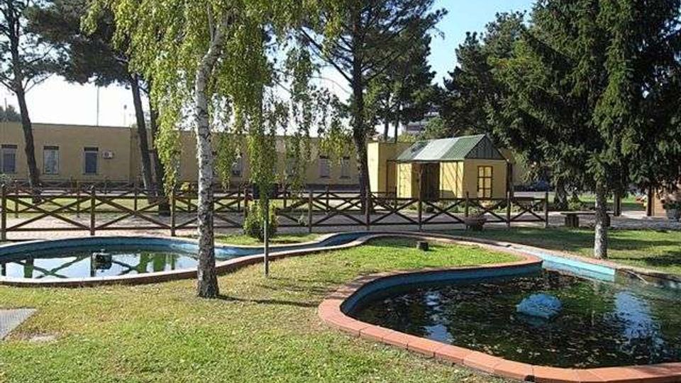 Area verde con prato e alberi alti, con due piccole vasche d’acqua poco profonde bordate in mattoni e collegate da un canale stretto. Sullo sfondo si vedono una staccionata in legno, un edificio basso e una piccola struttura gialla con tetto verde.