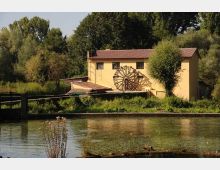 Edificio rurale giallo con tetto in tegole rosse, affacciato su un canale e circondato da vegetazione fitta. Sulla facciata è visibile una grande ruota idraulica in legno, con alberi alti sullo sfondo.