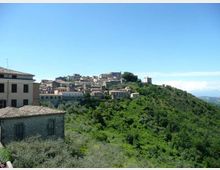 Veduta di un borgo collinare con case in pietra e tetti in coppi raggruppate lungo la cresta. In primo piano si vedono edifici con muratura in pietra, mentre intorno si estende un pendio verde ricoperto di vegetazione sotto un cielo sereno.