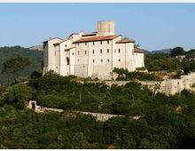 Grande castello in pietra chiara su una collina, con mura massicce, poche finestre e un torrione cilindrico centrale, coperto da tetti in tegole rosse. Intorno si vedono boschi e vegetazione fitta, con un muro di cinta e un ingresso ad arco in basso.
