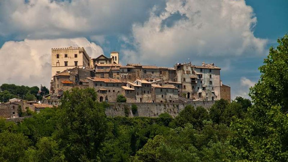 Vista panoramica di un borgo medievale in pietra con edifici addossati e un grande palazzo fortificato, arroccato su una collina sopra una cinta muraria. In primo piano si vede una valle ricoperta di alberi e sullo sfondo un cielo con grandi nuvole.
