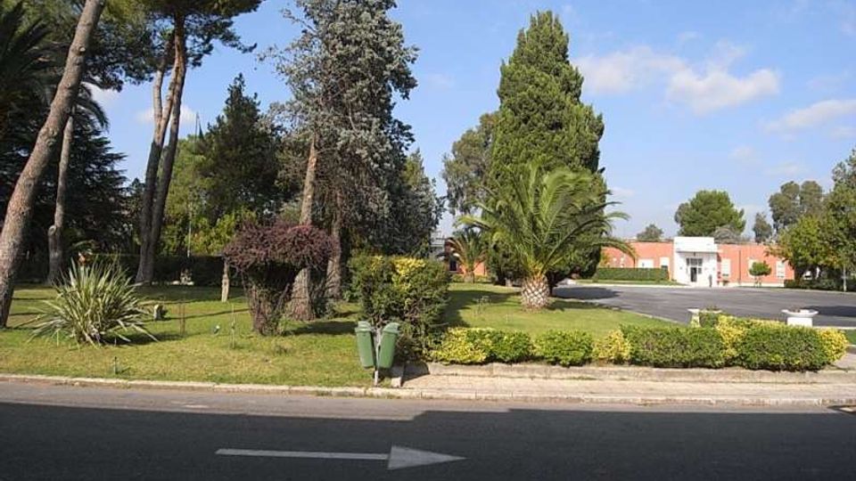 Area verde lungo una strada con prato curato, siepi basse e alberi alti tra cui pini e palme. Sullo sfondo si vedono un parcheggio e alcuni edifici bassi in mattoni con un ingresso bianco.
