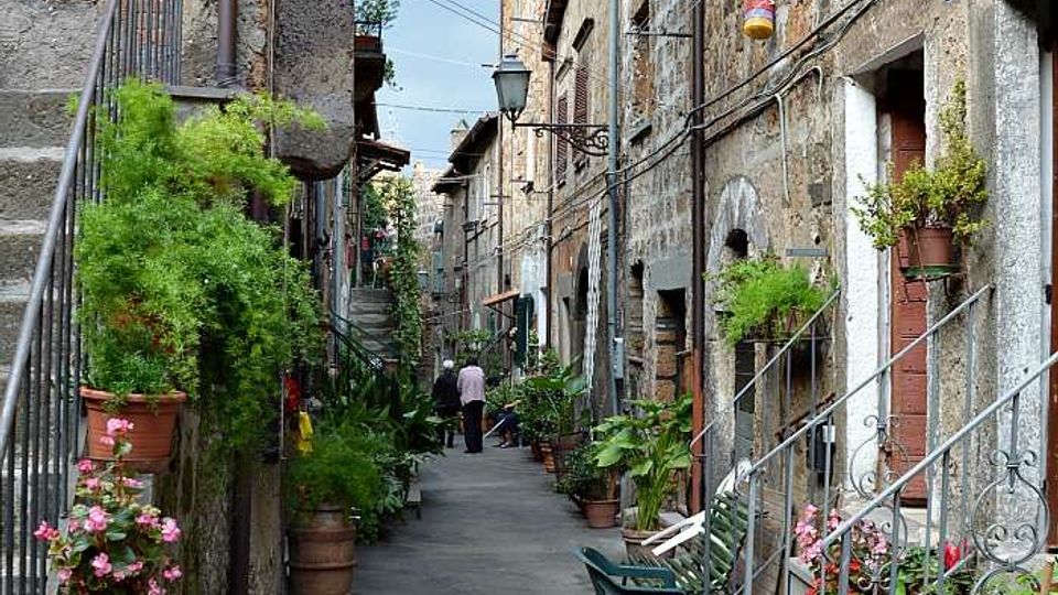 Vicolo stretto di un borgo con edifici in pietra e mattoni a vista, finestre e portoni affacciati sulla strada. Lungo il percorso ci sono scale esterne, lampioni e numerosi vasi con piante e fiori, con cavi sospesi tra le facciate.