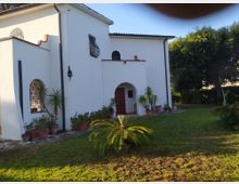 Esterno di una casa in stile mediterraneo con pareti bianche e tetto in tegole, ingresso ad arco e finestra con grata in ferro battuto. Davanti c’è un prato con piante in vaso e una piccola palma, con alberi e vegetazione sullo sfondo.