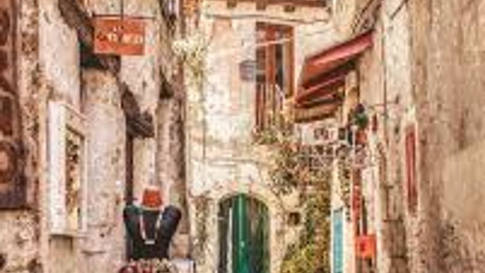Stretto vicolo acciottolato in un borgo storico, fiancheggiato da alti edifici in pietra con facciate consumate. Sono presenti un lampione sospeso, insegne e tende, vasi e piante sui muri, e in fondo un grande portone ad arco verde.
