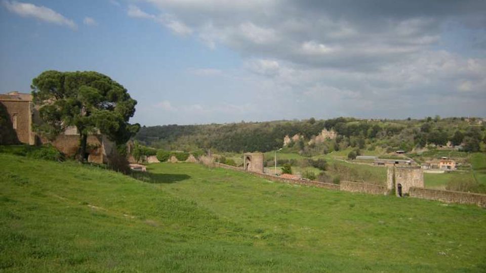 Ampio prato collinare verde con un grande albero in primo piano e resti di mura in pietra con torri e un arco sul lato destro. Sullo sfondo si vedono campi e colline boscose sotto un cielo parzialmente nuvoloso.