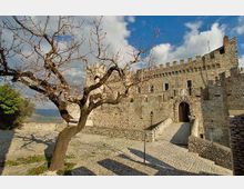 Castello in pietra con merlature e mura fortificate, con ingresso ad arco raggiunto da una rampa su pavimentazione in ciottoli. In primo piano un albero spoglio e un lampione, con cielo parzialmente nuvoloso sullo sfondo.