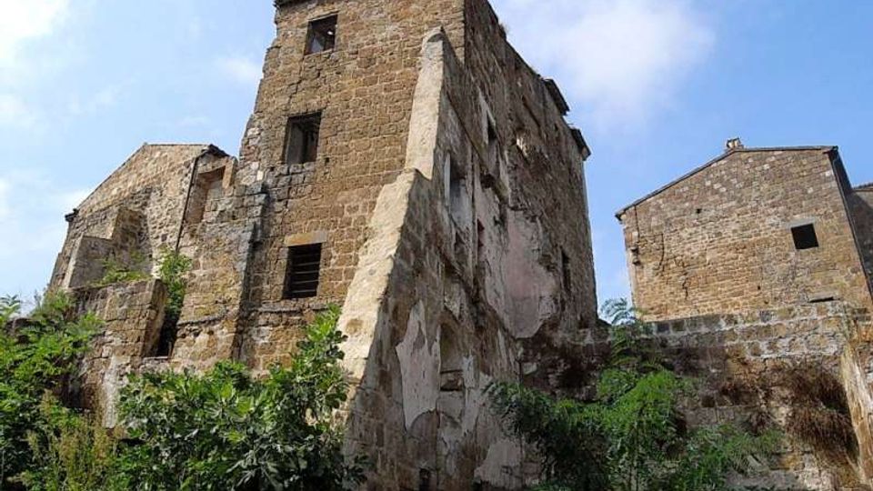 Rovine di un complesso di edifici in pietra su un pendio, con una torre rettangolare e muri parzialmente crollati e scrostati. Vegetazione fitta alla base e cielo azzurro sullo sfondo.