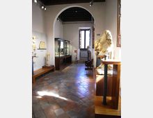 Interno di una sala museale con pavimento in cotto e soffitto scuro, attraversata da un grande arco che conduce a una finestra sul fondo. Lungo le pareti e su tavoli espositivi ci sono busti e frammenti scultorei, con vetrine in vetro illuminate da faretti.