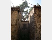 Stretto vicolo tra alti muri di pietra e intonaco deteriorato di edifici rustici, con cavi elettrici sospesi in alto e una piccola finestra con persiane in fondo. Sullo sfondo si vedono grandi alberi che emergono oltre i tetti con tegole.