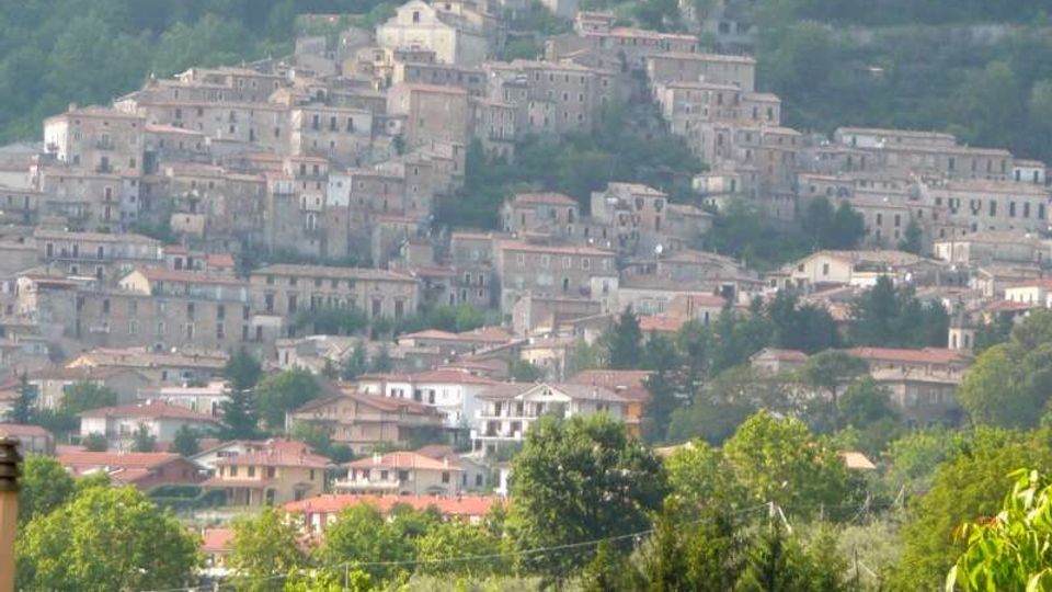 Veduta panoramica di un borgo collinare con case in pietra addossate tra loro e tetti in coppi, disposto a gradoni sul pendio. Sullo sfondo si vede una collina boscosa, con vegetazione verde in primo piano.