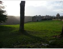 Ampio prato verde in lieve pendenza con un grande tronco d’albero in primo piano e altri alberi ai margini. Sullo sfondo si vede un edificio in pietra tipo casale o monastero vicino al bordo di una valle boscosa, sotto un cielo chiaro.