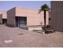 Cortile esterno pavimentato in pietra tra edifici moderni rivestiti in pannelli chiari, con grandi finestre scure. Al centro c’è una vasca rettangolare rialzata e una palma, con panchine lungo il perimetro.