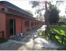Edificio rurale a un piano con facciata rosa e una fila di porte e finestre lungo un vialetto in cemento. Accanto si vede un prato recintato con alberi alti e una struttura recintata sullo sfondo.