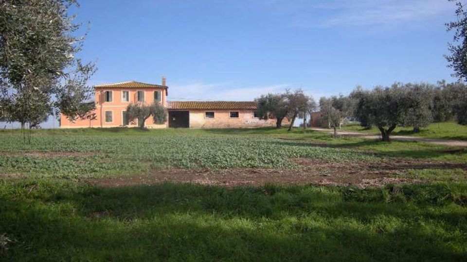 Cascina di campagna con edificio intonacato color salmone e tetto in coppi, affiancato da annessi bassi, in mezzo a un campo coltivato. Intorno si vedono ulivi e una strada sterrata sotto un cielo sereno.